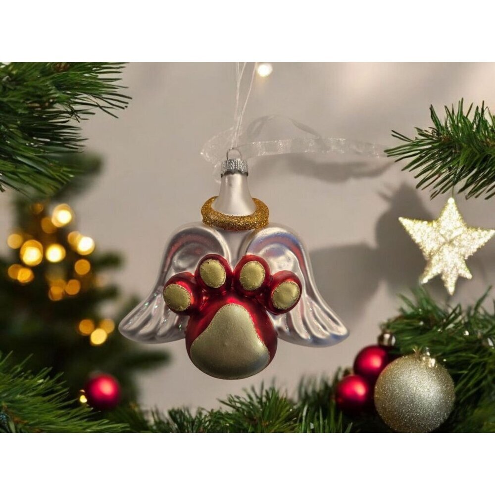New Dog Paw W/ Wings All Dogs Go To Heaven Glass Christmas Tree Ornament Holiday
